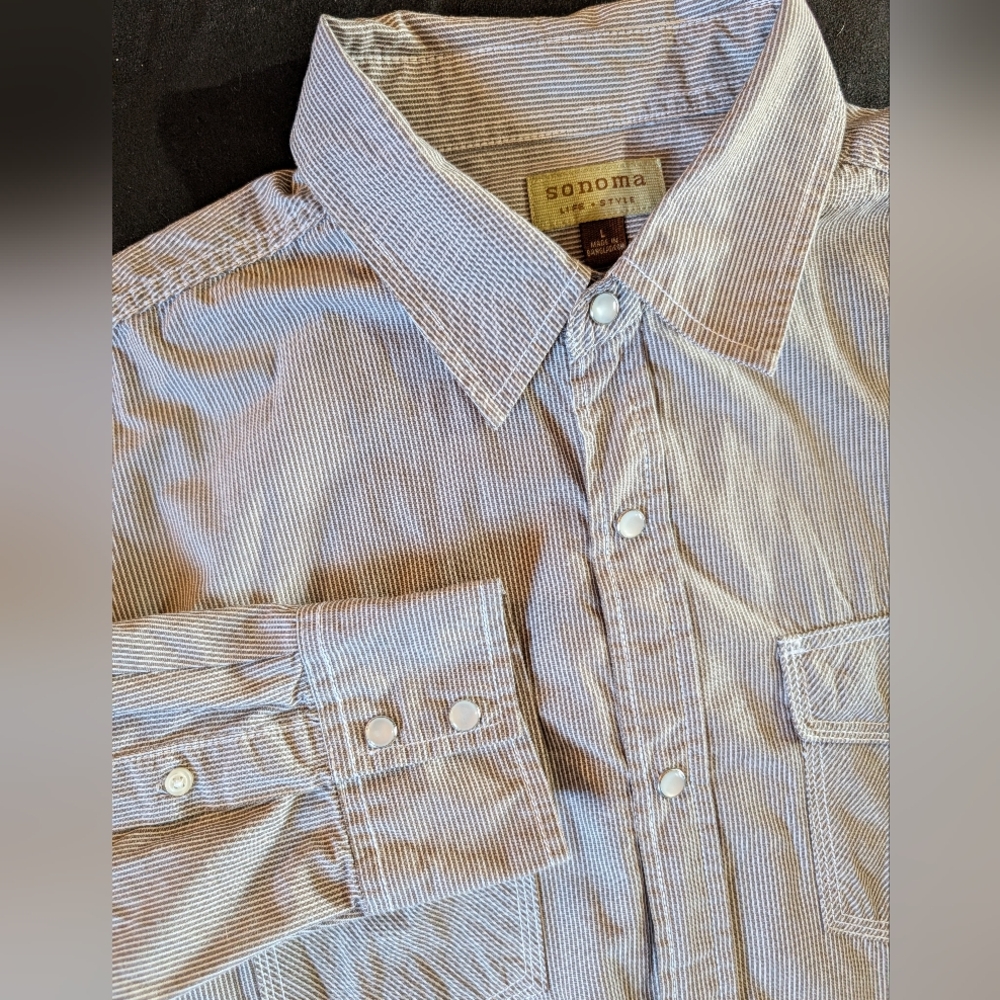 Sonoma Men's Casual Striped Snap Button Down Shirt - Blue‎ and White Size Large